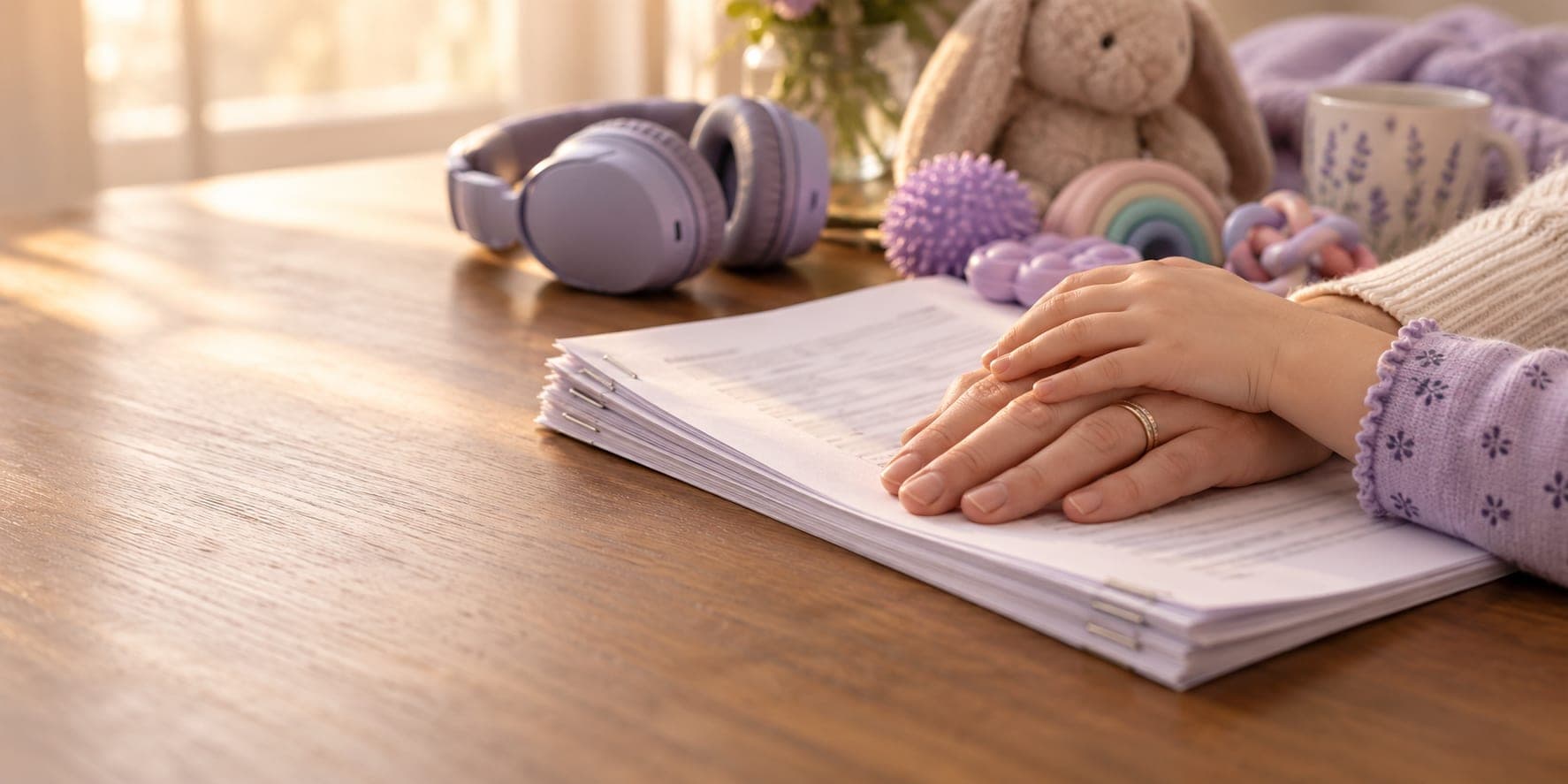 A parent's hand and a child's hand resting on a thick policy document, beside lavender headphones and sensory toys